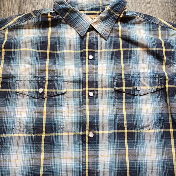 Red Head Brand Shirt Blue Mens Size Large Pearl Snap Plaid Short Sleeve Casual - Picture 4 of 14
